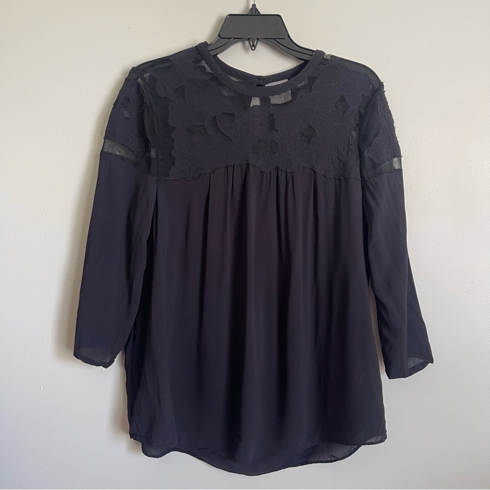 Vanessa Virginia Anthropologie Black Sheer Embroidery 3/4 Sleeve Blouse Size 14